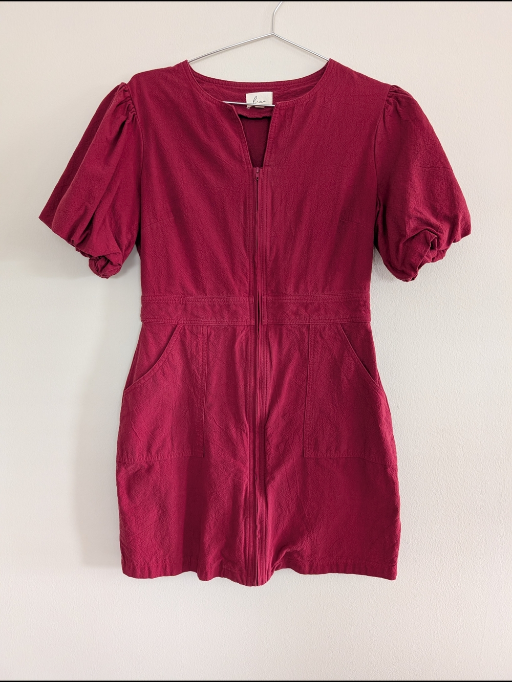 Red Puff-Sleeve Zip Front Mini Dress Vintage Style Size M